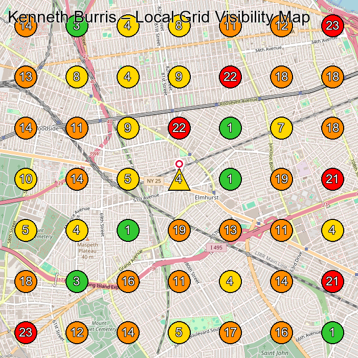 Kenneth Burris Art Studio GeoGrid ranking map for Elmhurst NY